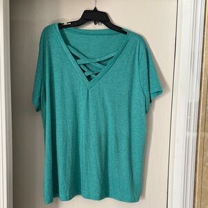 SHEIN Teal Crisscross V-Neck Tee